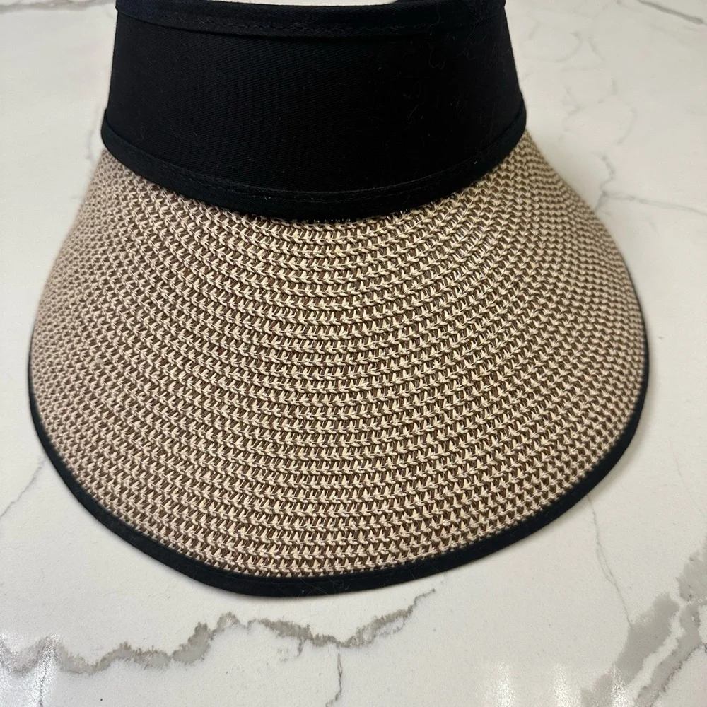 Packable Black and Tan Straw Visor Black Tan Hat